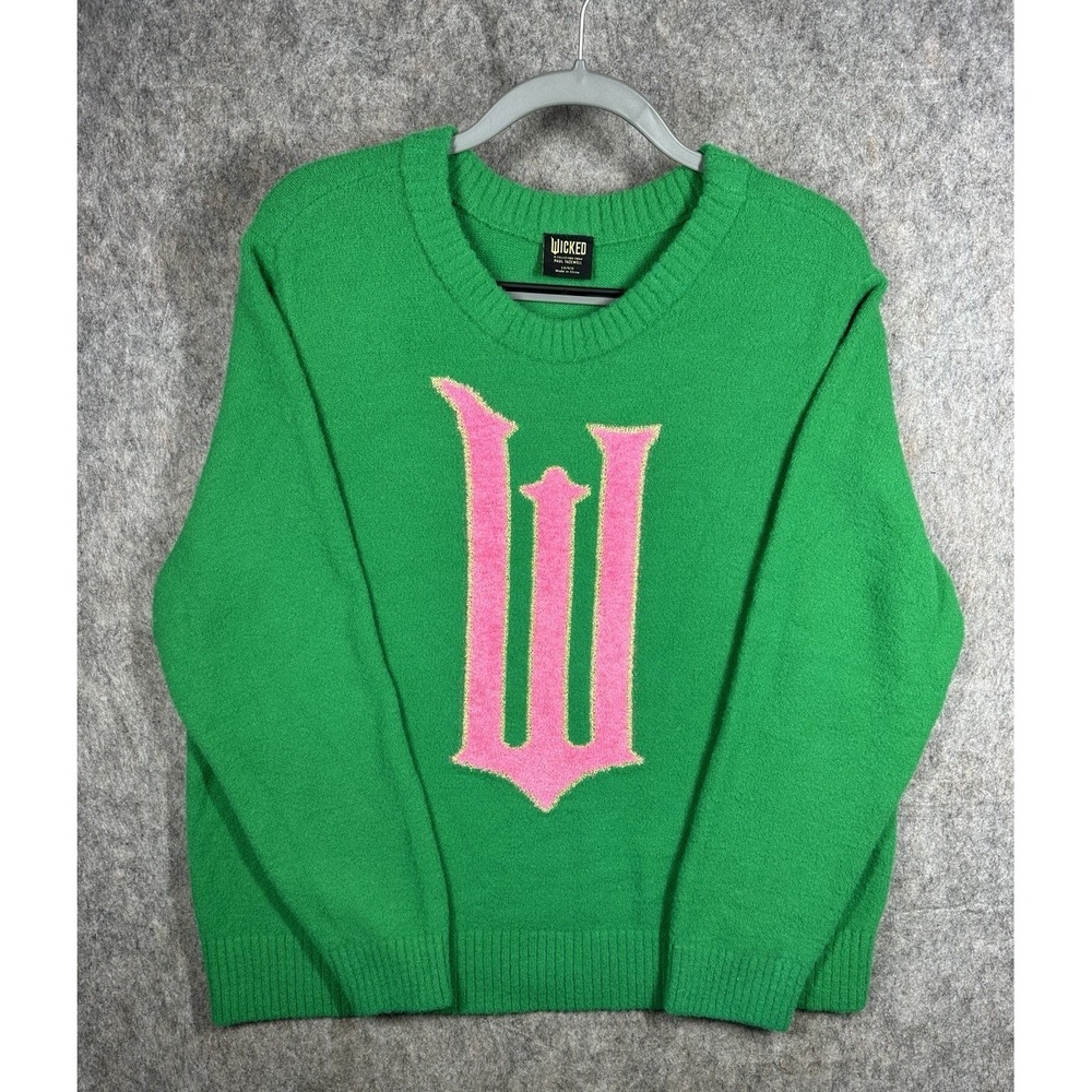 Wicked Sweater Womens Large Green Pink Logo Pullover Broadway Musical Crewneck